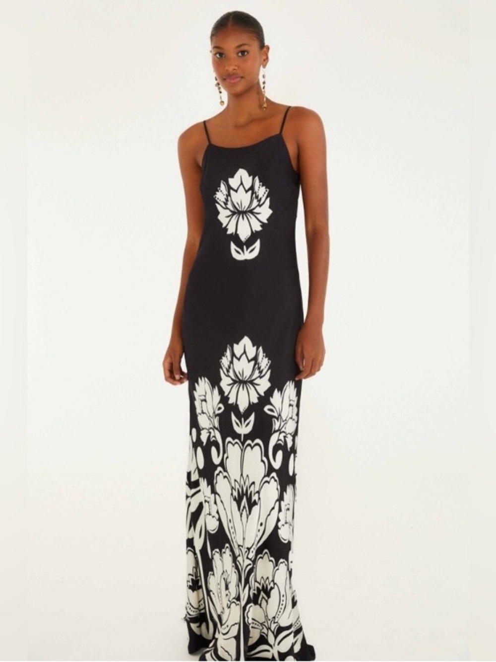 FARM Rio Black Maxi Slip Dress with White Floral Motif